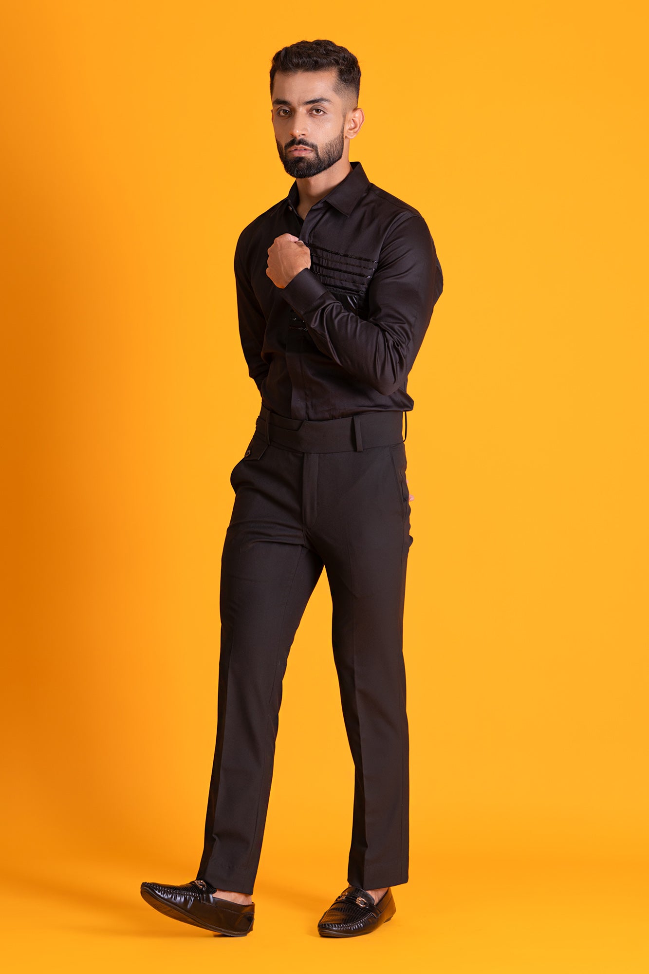 Leather Patch Shirt With Parallel Lines Cutdana Work