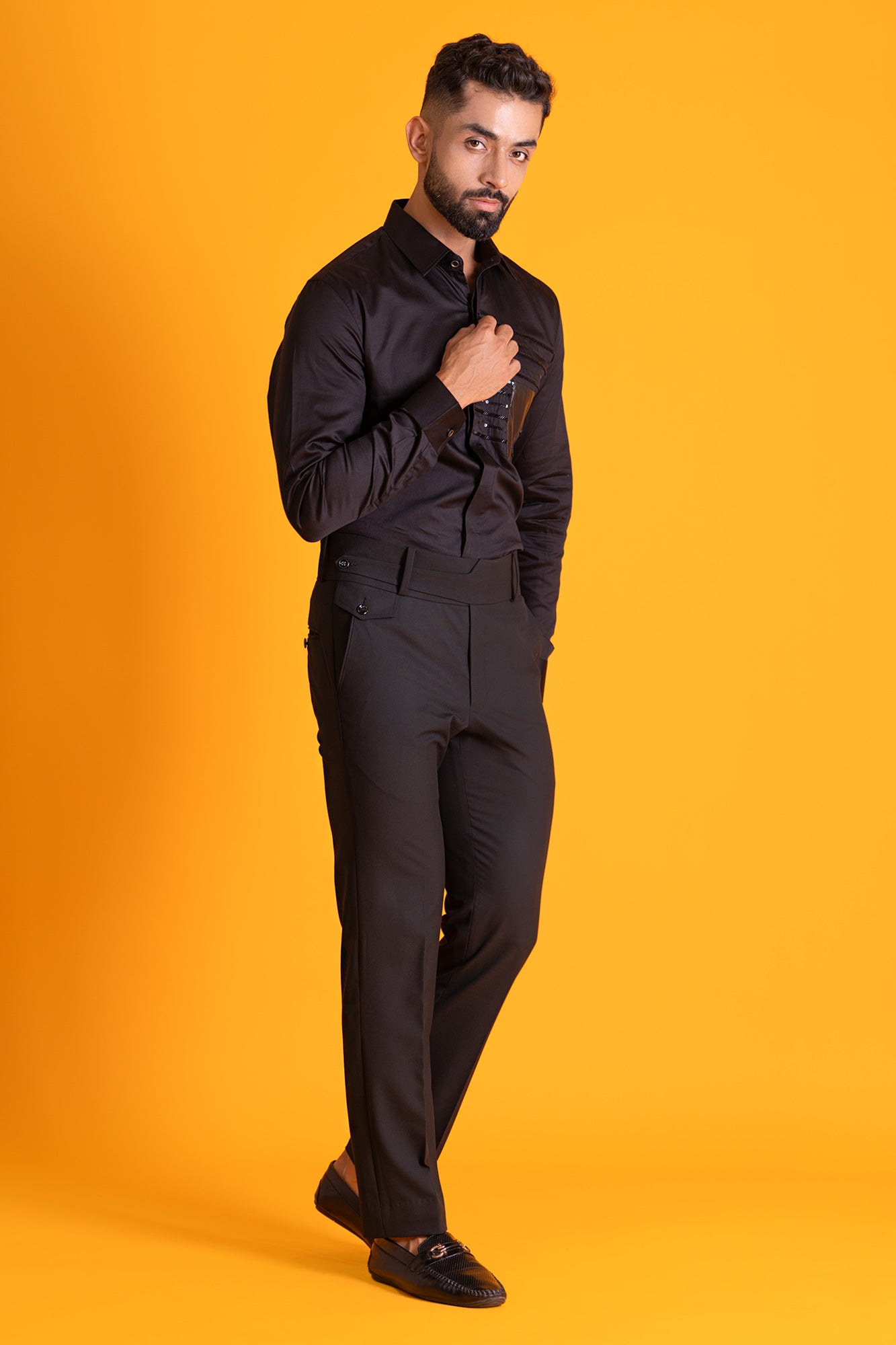 Leather Patch Shirt With Parallel Lines Cutdana Work